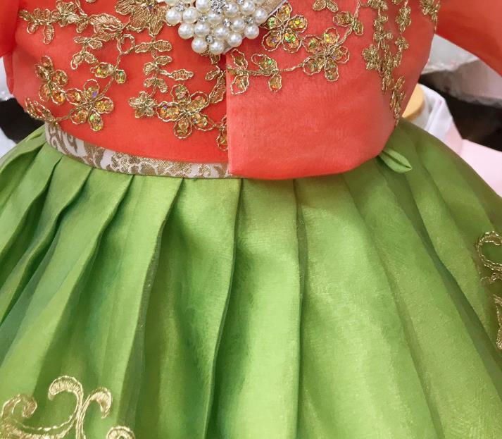 Asian Korea Girl Red Blouse and Green Dress Korean Children Garments Fashion Traditional Festival Hanbok Clothing