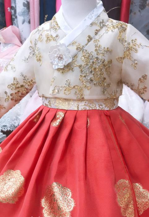 Asian Korea Children Princess Garments Fashion Traditional Birthday Hanbok Clothing Korean Girl Beige Blouse and Red Dress