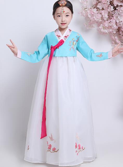 Asian Traditional Girl Hanbok Clothing Korean Court Princess Garment Costumes Korea Children Embroidered Blue Blouse and White Dress