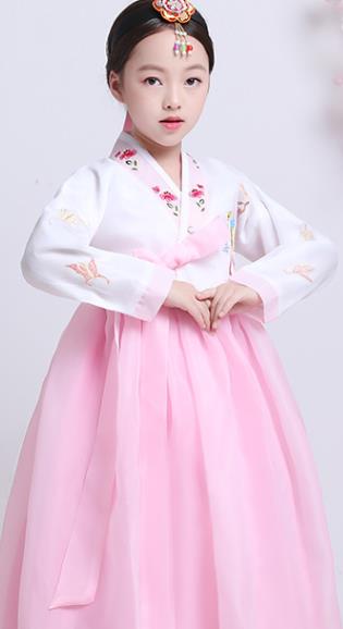 Asian Korea Children Embroidered White Blouse and Pink Dress Korean Traditional Girl Hanbok Clothing Court Princess Garment Costumes