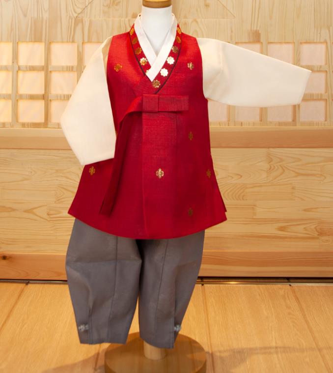 Korea Children Garment Costumes Boys Birthday Hanbok Korean Traditional Fashion Clothing Red Vest White Shirt and Grey Pants