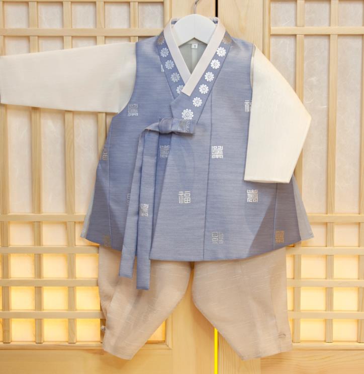 Korean Children Garment Costumes Boys Prince Birthday Hanbok Korea Traditional Fashion Clothing Blue Vest White Shirt and Beige Pants