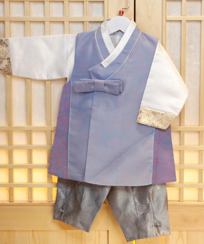 Korean Children Garment Lilac Vest White Shirt and Grey Pants Korea Boys Prince Birthday Hanbok Costumes Traditional Fashion Clothing