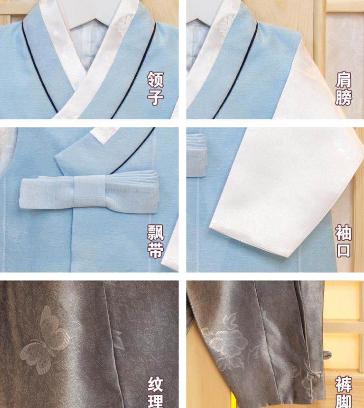 Korean Traditional Hanbok Clothing Children Garment Blue Vest White Shirt and Grey Pants Korea Boys Prince Birthday Fashion Costumes