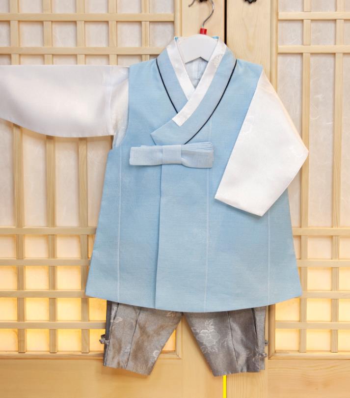 Korean Traditional Hanbok Clothing Children Garment Blue Vest White Shirt and Grey Pants Korea Boys Prince Birthday Fashion Costumes