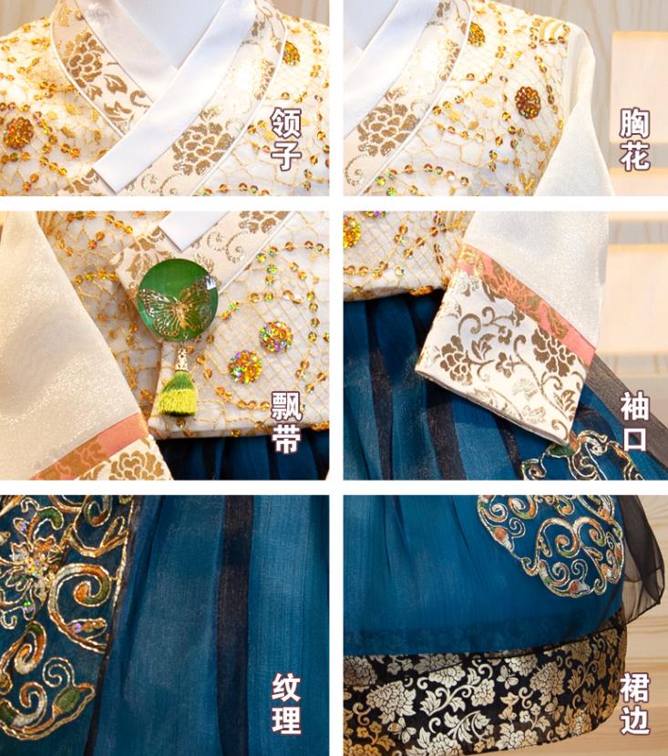 Korea Girl Festival Fashion White Shirt and Blue Dress Korean Traditional Garment Costumes Children Princess Hanbok Clothing