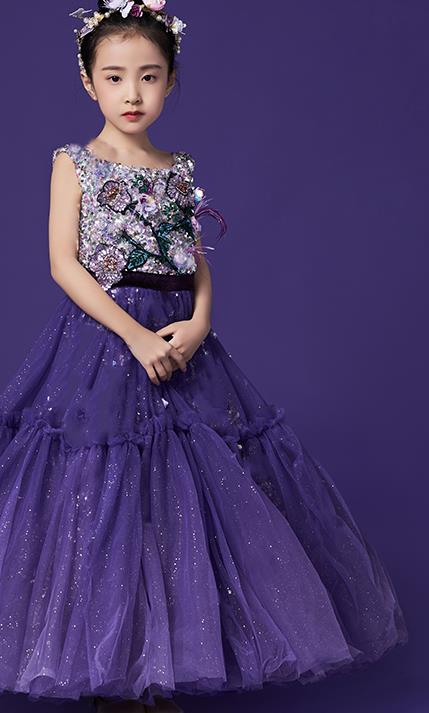 High Quality Girl Catwalks Purple Veil Full Dress Children Dancewear Chorus Compere Clothing Stage Show Fashion Dress