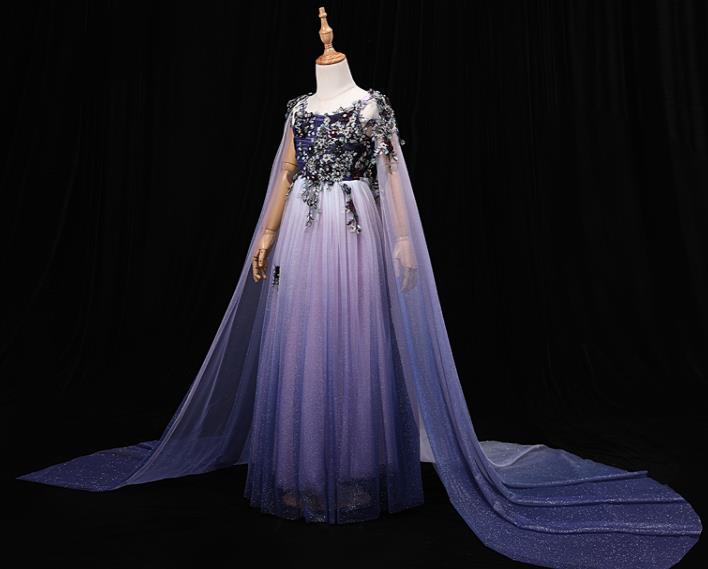 Top Christmas Princess Fashion Garment Children Stage Show Formal Clothing Girl Catwalks Purple Cape Evening Dress