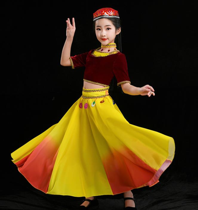 Chinese Uighur Nationality Folk Dance Clothing Xinjiang Ethnic Children Stage Performance Garments Uyghur Minority Girl Red Outfits