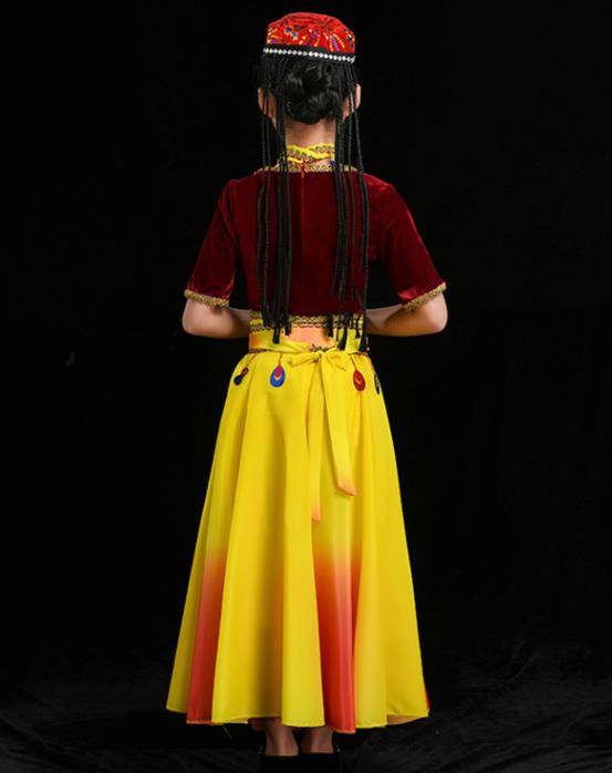Chinese Uighur Nationality Folk Dance Clothing Xinjiang Ethnic Children Stage Performance Garments Uyghur Minority Girl Red Outfits