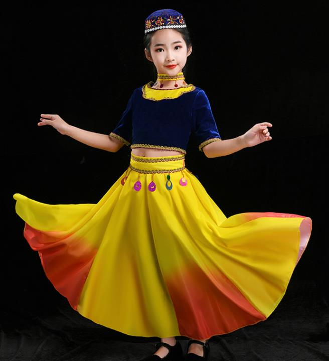 Chinese Uyghur Minority Girl Blue Velvet Outfits Uighur Nationality Folk Dance Clothing Xinjiang Ethnic Children Stage Performance Garments