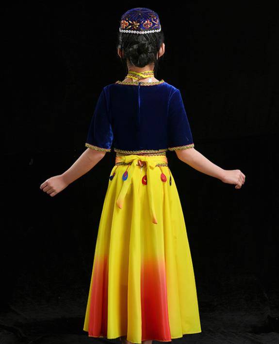 Chinese Uyghur Minority Girl Blue Velvet Outfits Uighur Nationality Folk Dance Clothing Xinjiang Ethnic Children Stage Performance Garments
