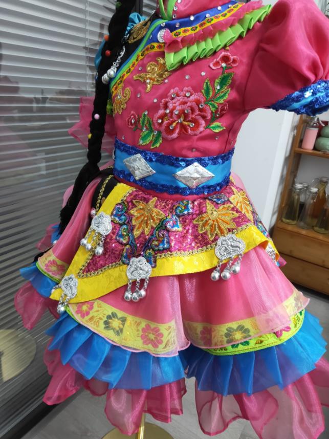Chinese Yunnan Minority Dance Pink Dress Uniforms Lisu Nationality Children Festival Clothing Ethnic Folk Dance Garments
