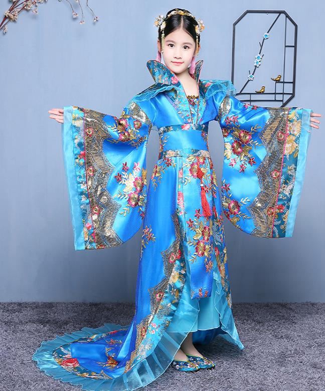China Tang Dynasty Empress Clothing Ancient Girl Princess Garment Costume Traditional Court Children Blue Hanfu Dress