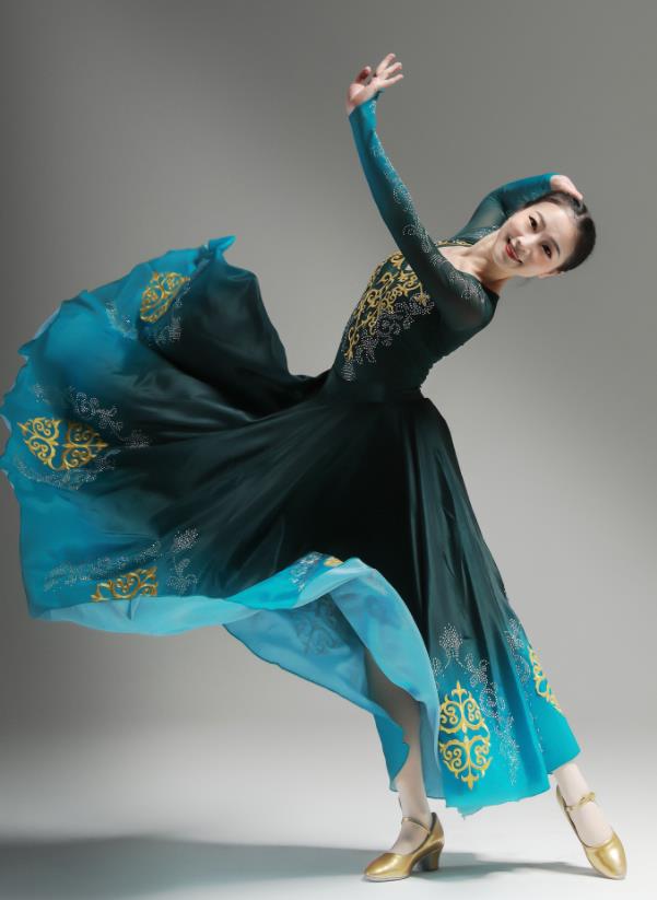 Chinese Uyghur Minority Performance Atrovirens Dress Outfits Uighur Nationality Dance Clothing Xinjiang Dance Costumes Ethnic Woman Garments