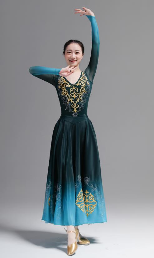 Chinese Uyghur Minority Performance Atrovirens Dress Outfits Uighur Nationality Dance Clothing Xinjiang Dance Costumes Ethnic Woman Garments
