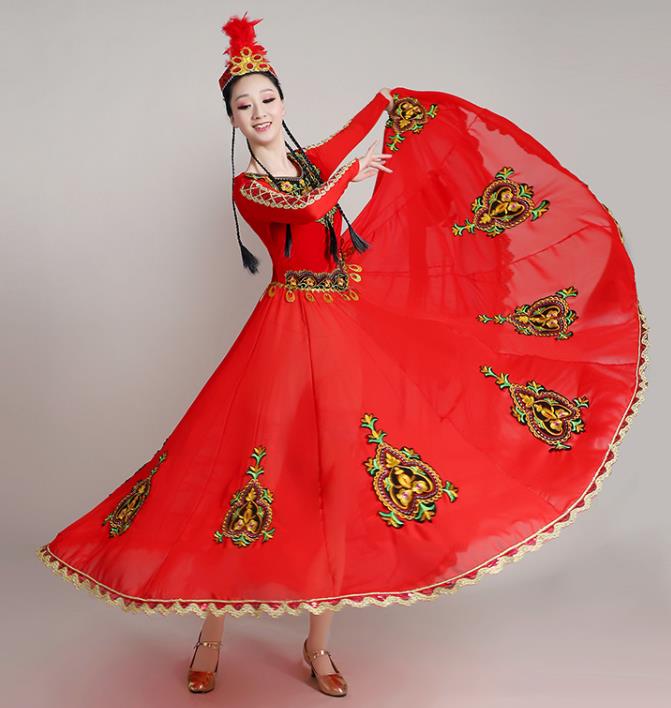 Chinese Xinjiang Ethnic Folk Dance Red Dress Outfits Uyghur Nationality Opening Dance Clothing Uighur Minority Festival Performance Garment Costumes