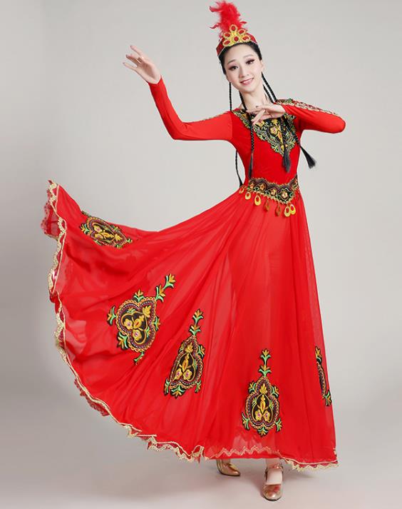 Chinese Xinjiang Ethnic Folk Dance Red Dress Outfits Uyghur Nationality Opening Dance Clothing Uighur Minority Festival Performance Garment Costumes