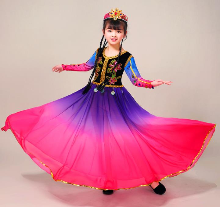Chinese Xinjiang Ethnic Folk Dance Rosy Dress Outfits Uyghur Nationality Girl Dance Clothing Uighur Minority Children Performance Garment Costumes