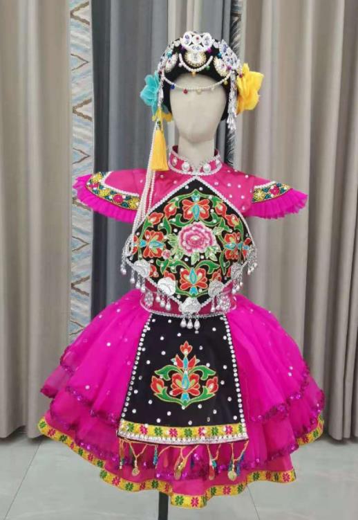 Chinese Ethnic Folk Dance Garment Costumes Yi Minority Dance Rosy Dress Outfits Pumi Nationality Children Performance Clothing and Headwear