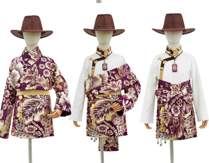 Chinese Traditional Performance Purple Brocade Tibetan Robe Xizang Ethnic Boys Costume Zang Nationality Kid Folk Dance Clothing