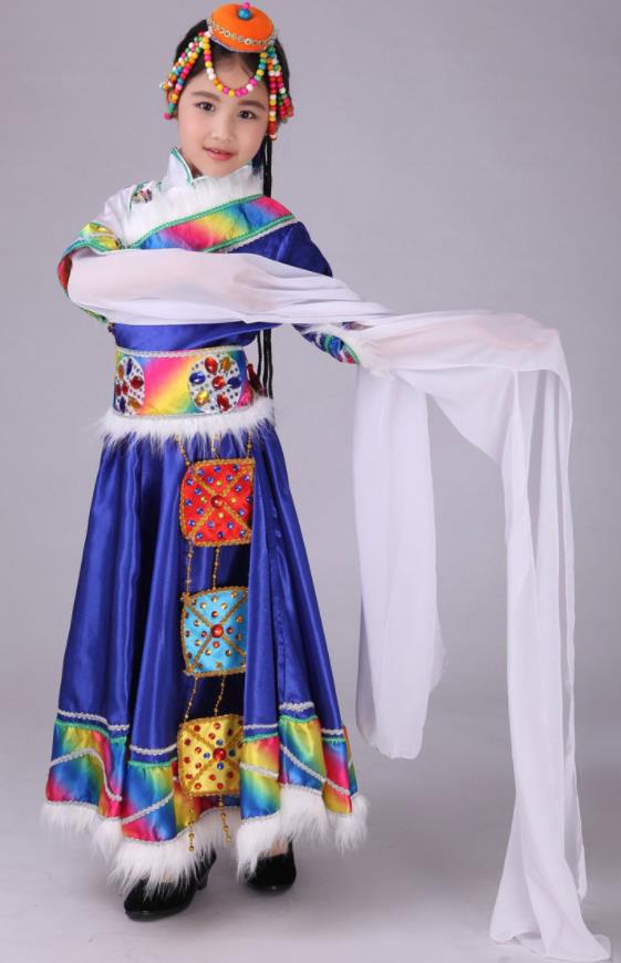Chinese Zang Nationality Children Water Sleeve Outfits Ethnic Festival Costumes Tibetan Minority Folk Dance Royal Blue Dress Clothing