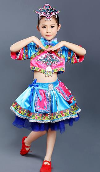 Chinese Yi Nationality Blue Dress Outfits Ethnic Folk Dance Costumes She Minority Children Festival Clothing