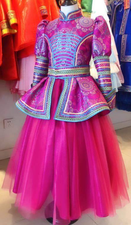 Chinese Mongol Nationality Folk Dance Garment Costume Mongolian Festival Clothing Ethnic Girl Megenta Dress