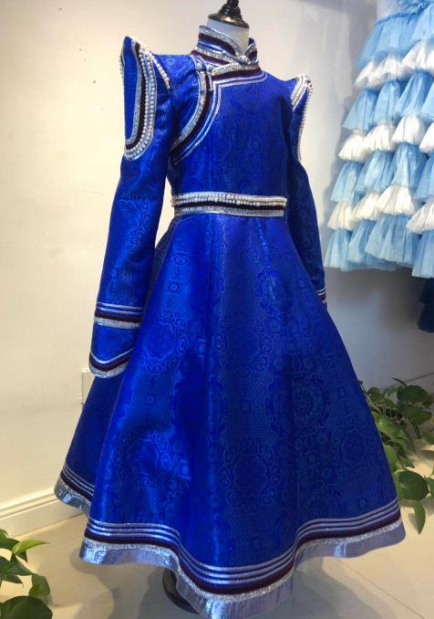 Chinese Ethnic Girl Royal Blue Dress Mongol Nationality Garment Costume Mongolian Festival Folk Dance Clothing
