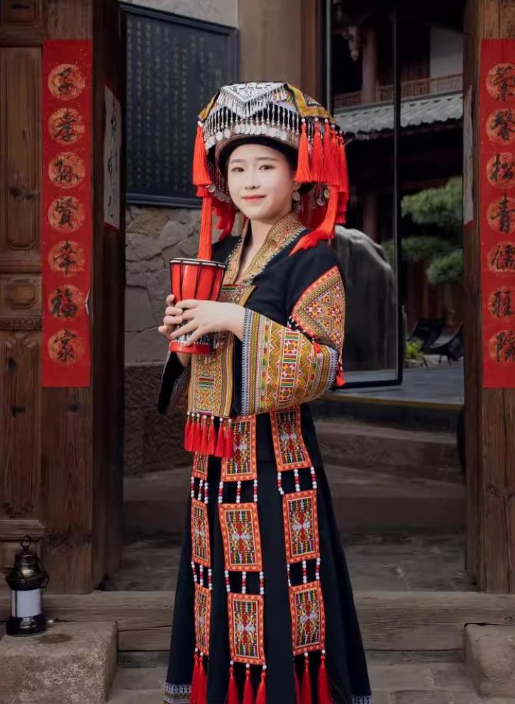 Guangxi Zhuang Ethnic Costume Women San Yue San Festival Embroidered Gown Chinese Stage Show Attire