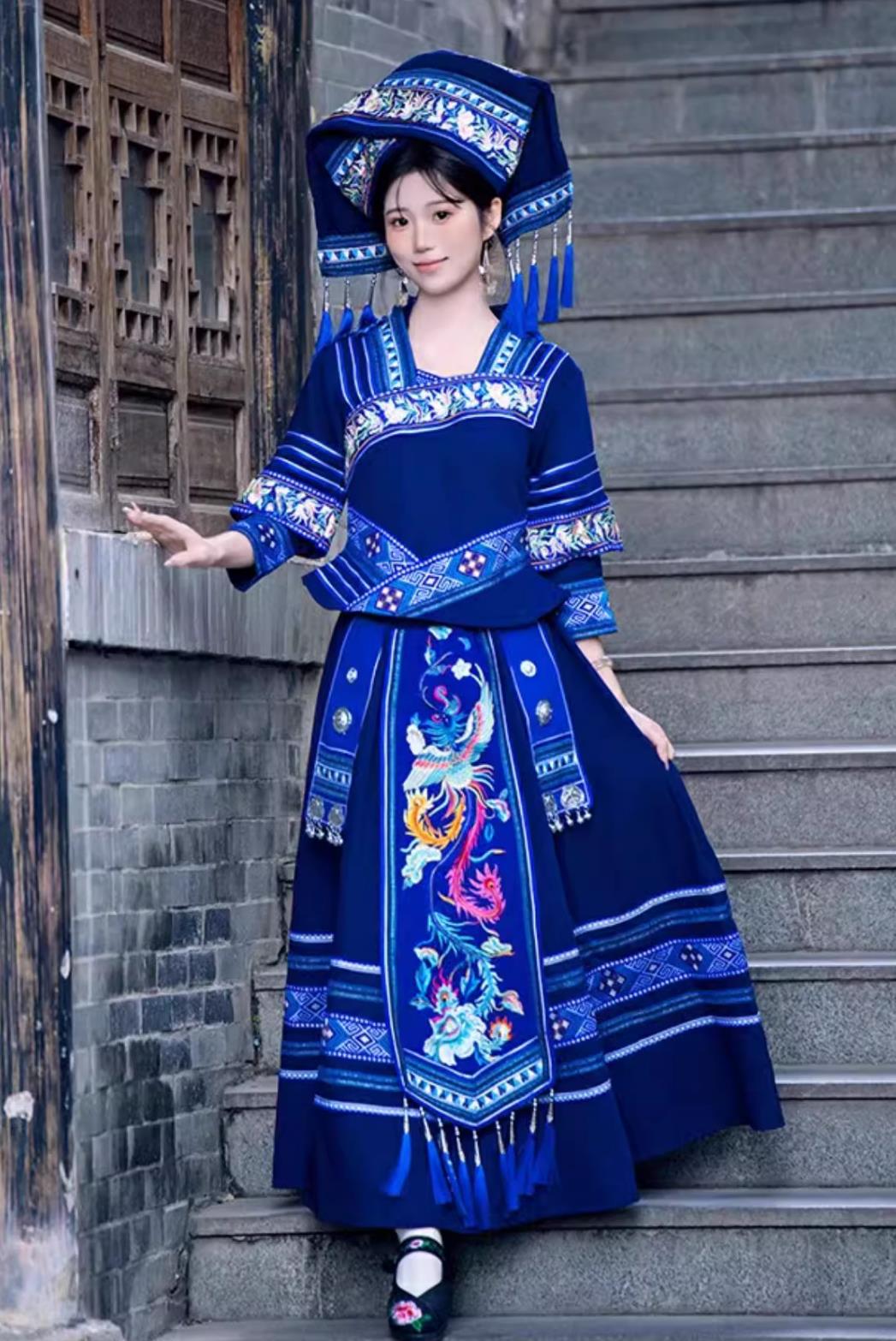 Guangxi Zhuang Ethnic Clothing San Yue San Festival Minority Embroidered Women Long Gown Performance Blue Dress